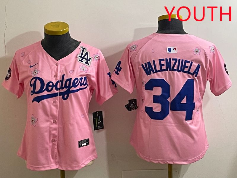 Youth Los Angeles Dodgers 34 Valenzuela Pink Sakura Edition 2025 Nike MLB Jersey style 40